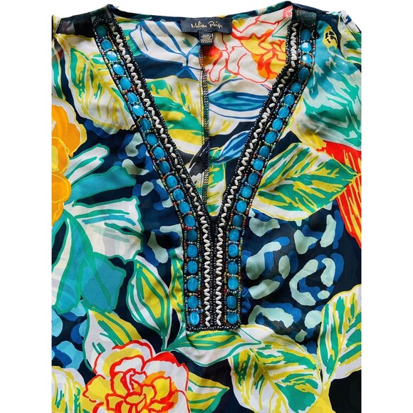 MELISSA PAIGE Top Women’s Blouse Sheer Floral Beaded Cold Shoulder Tunic Medium - Picture 2 of 12
